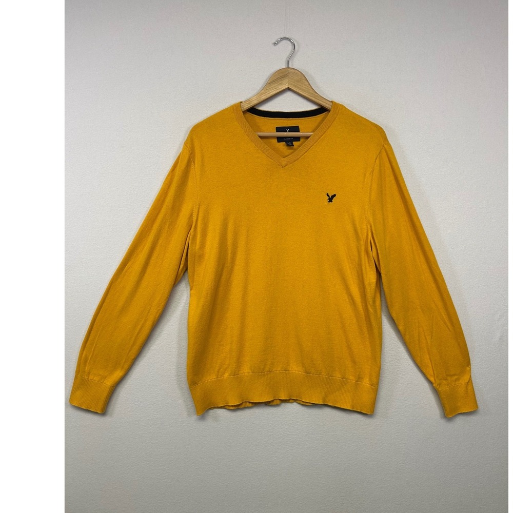 Preppy American Eagle Mens L Mustard Yellow V-Neck Cotton Classic Fit Sweater